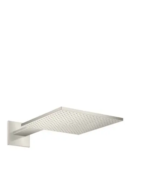 Edelstahl Kopfbrause mit rechteckiger Form und perforierter Oberfläche, montiert an einem kurzen Brausearm. Produkt von AXOR.